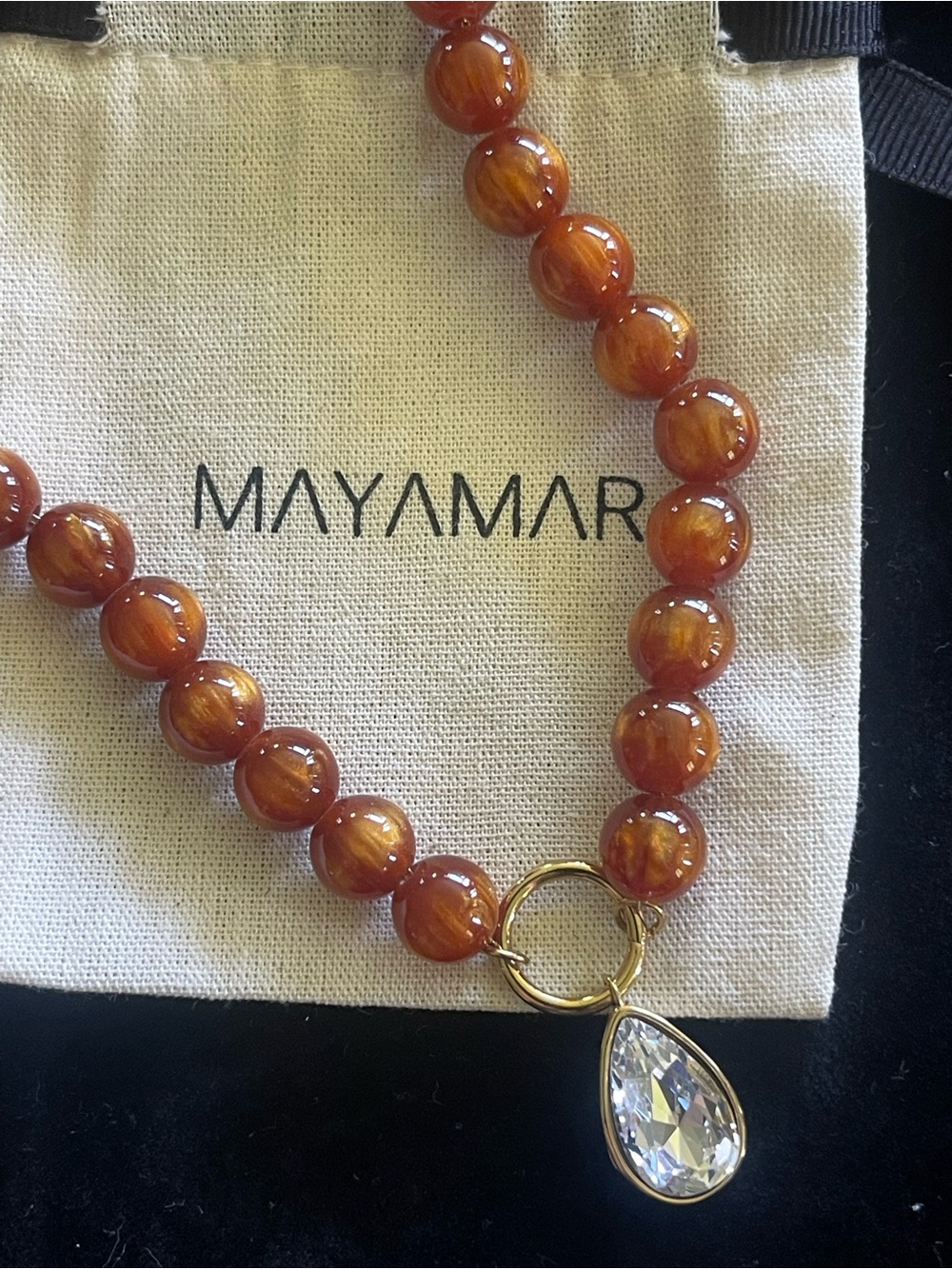 Mayamar Amber Color Bead Necklace with Teardrop Crystal Pendant